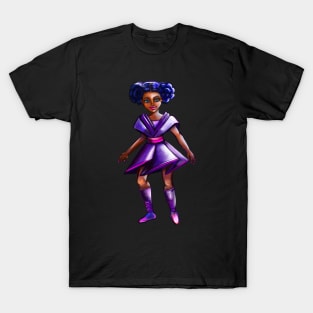 Anime girl with two puffs. Back lit 2. Black afro anime girl in purple from outer space ! beautiful  black girl with Braided hair, blue eyes, Cherry pink lips and dark brown skin. Hair love ! T-Shirt